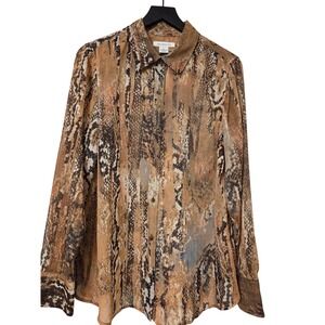 Liz Claiborne Women's Long Sleeve Button‎ Up Shirt Brown Snake Print Sheer Top